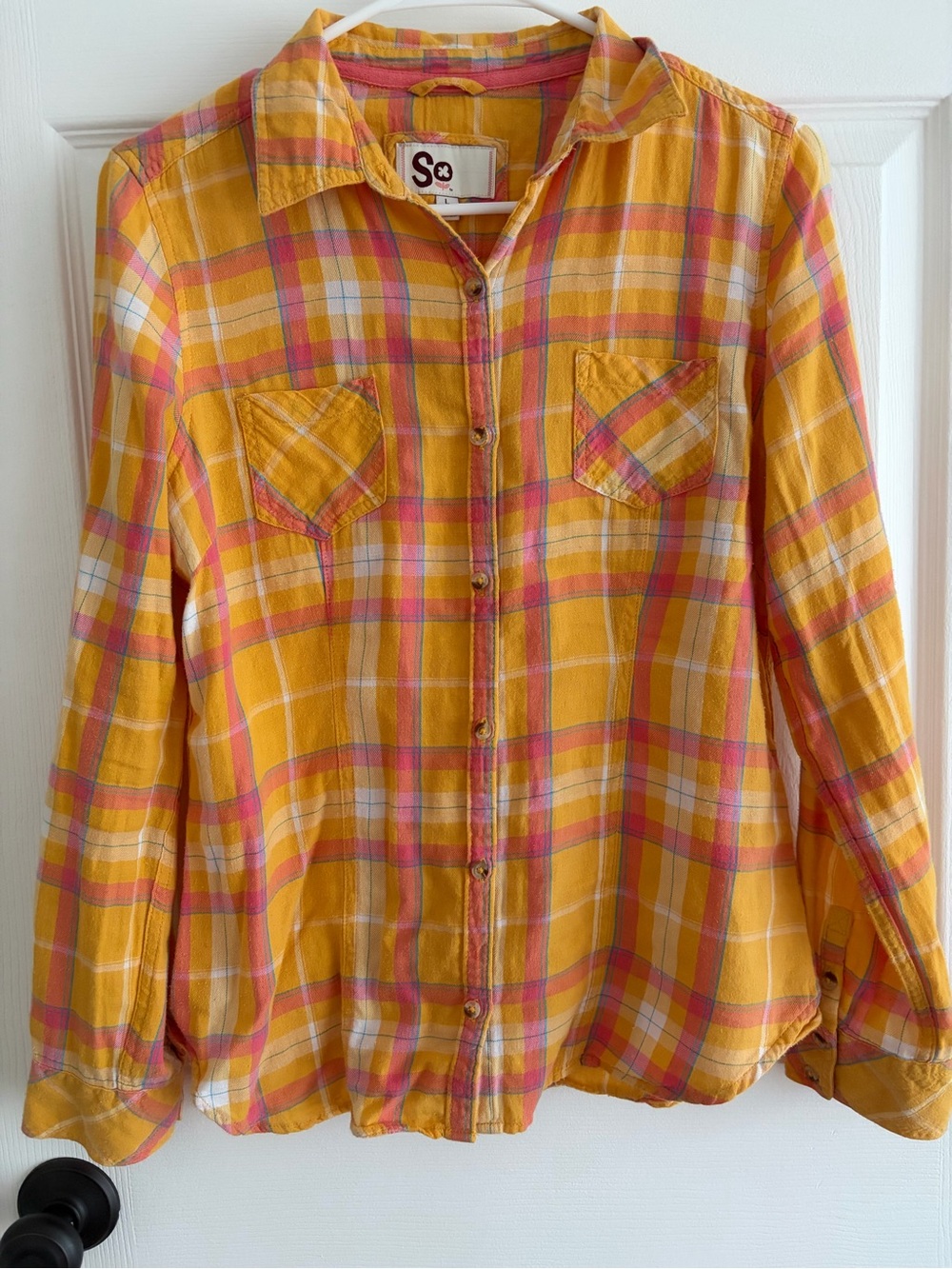 SO Yellow Plaid Button-Down Shirt with Pink & White Accents